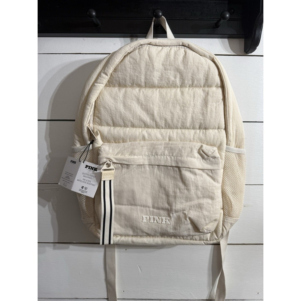 Victoria's Secret PINK Backpack Quilted Puffer Solid Ivory Beige NWT Laptop